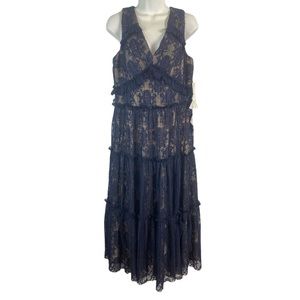 Maggy London Pleated Medallion Lace Tiered Cocktail Dress Size 10 NWT